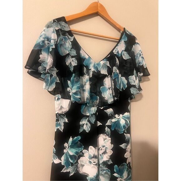 Connected Apparel 12 Ruffle Chest Floral Midi Dress Black Blue Wedding Guest NWT - Picture 10 of 15